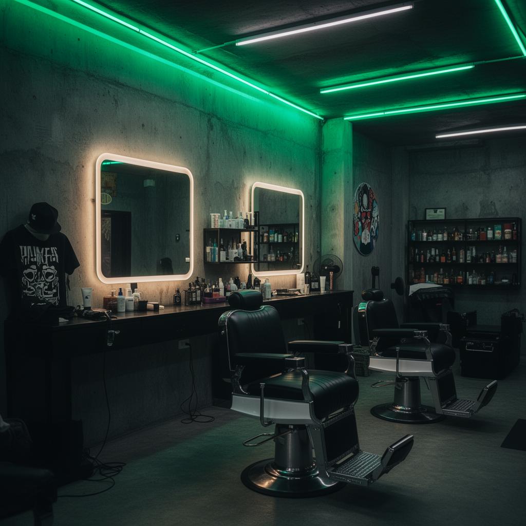 Fade Zone Phuket interior — neon-lit barbershop